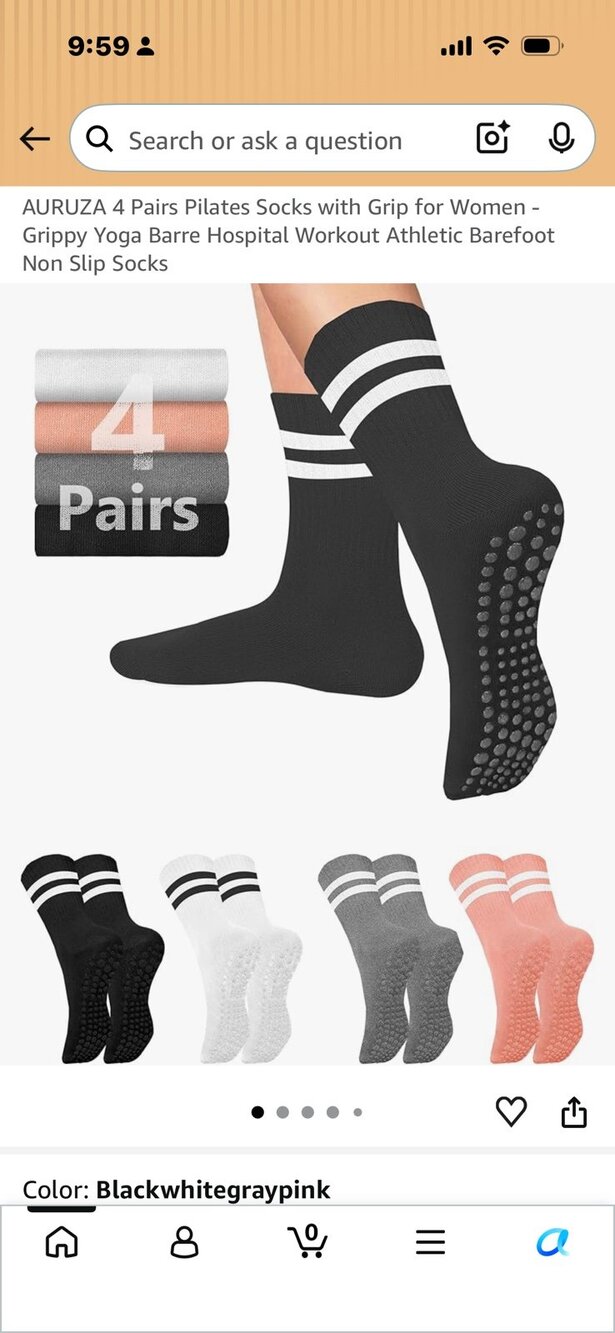 NWT Auruza 4 Pairs Pilates Socks with Grip Non-Slip Socks Yoga Sz Large